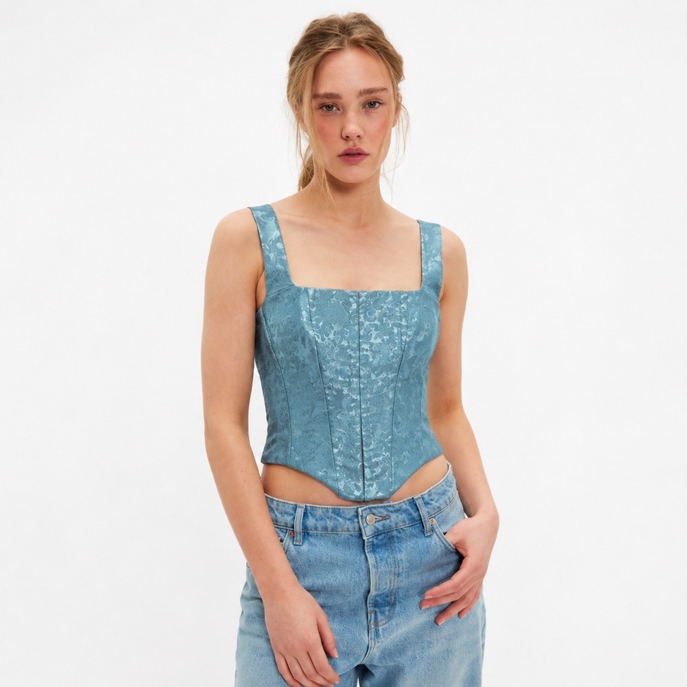 Princess Polly Floral Jacquard Corset Top Womens 4 Blue Bustier Regencycore